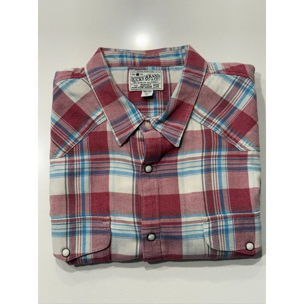 Lucky Brand Men's Red Blue White Plaid Pearl Snap Cotton Short Sleeve XXL_12